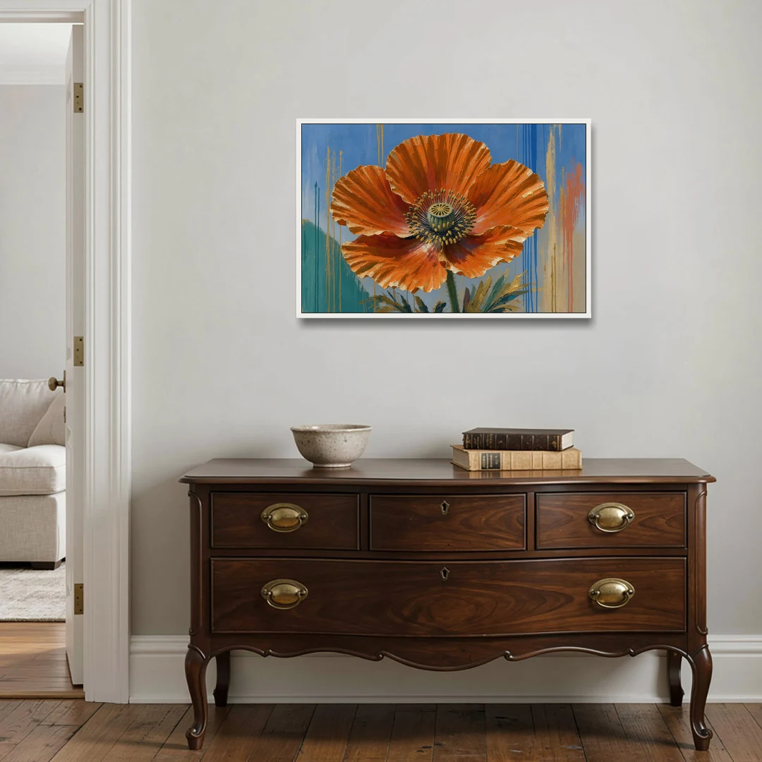 Large Floral Canvas Wall Art of an Orange Poppy - White Framed Canvas Wall Art - Coffee Table - 36x24