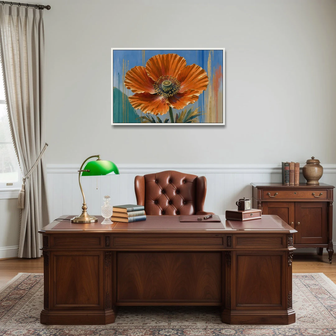 Large Floral Canvas Wall Art of an Orange Poppy - White Framed Canvas Wall Art - Office - 36x24