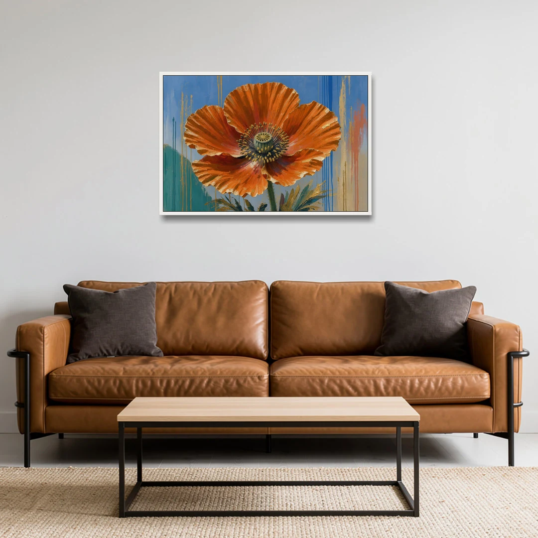 Large Floral Canvas Wall Art of an Orange Poppy - White Framed Canvas Wall Art - Sofa - 36x24
