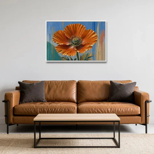 Large Floral Canvas Wall Art of an Orange Poppy - White Framed Canvas Wall Art - Sofa - 36x24