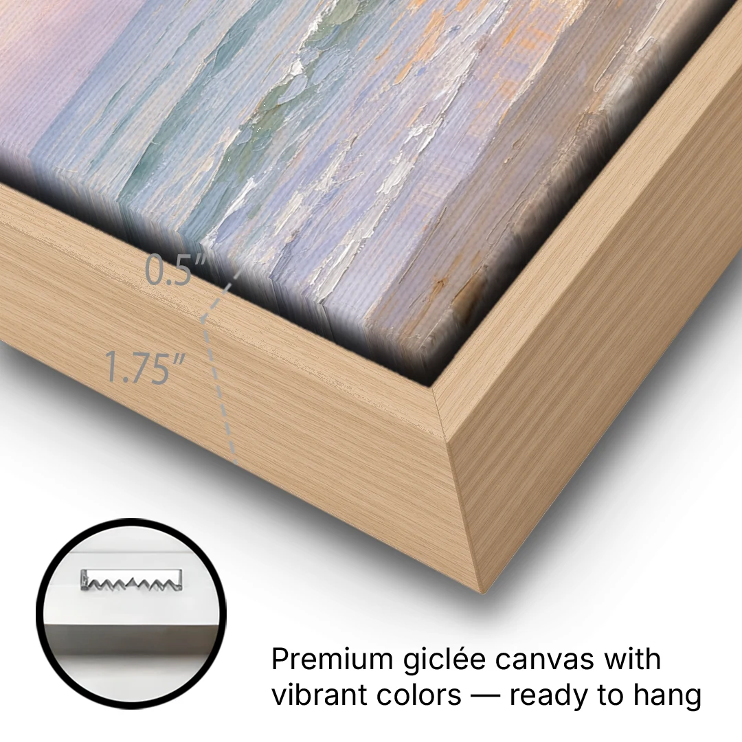 Large Golden Moonrise Over Rolling Ocean Surf - Oak Framed Canvas Wall Art - Gallery Wrap Corner