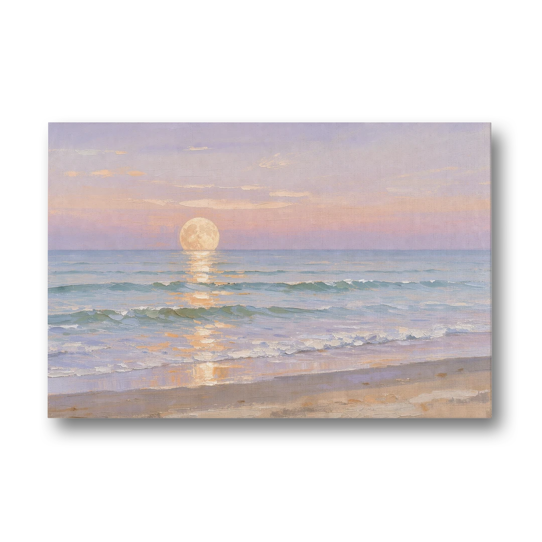 Large Golden Moonrise Over Rolling Ocean Surf - Canvas Wall Art - Front