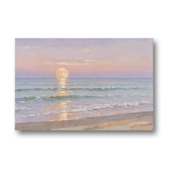 Large Golden Moonrise Over Rolling Ocean Surf - Canvas Wall Art - Front