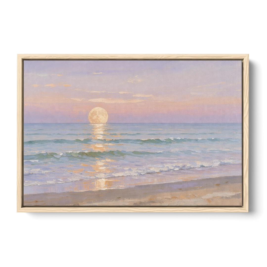 Large Golden Moonrise Over Rolling Ocean Surf - Oak Framed Canvas Wall Art - Front