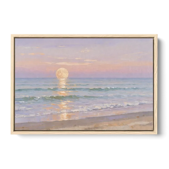 Large Golden Moonrise Over Rolling Ocean Surf - Oak Framed Canvas Wall Art - Front