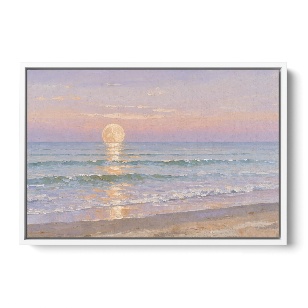 Large Golden Moonrise Over Rolling Ocean Surf - White Framed Canvas Wall Art - Front
