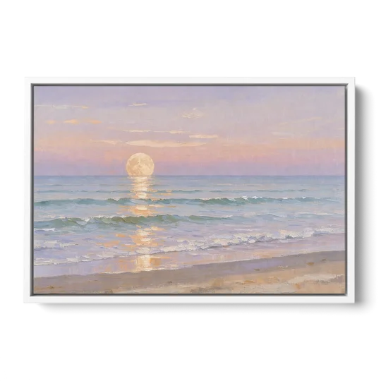 Large Golden Moonrise Over Rolling Ocean Surf - White Framed Canvas Wall Art - Front