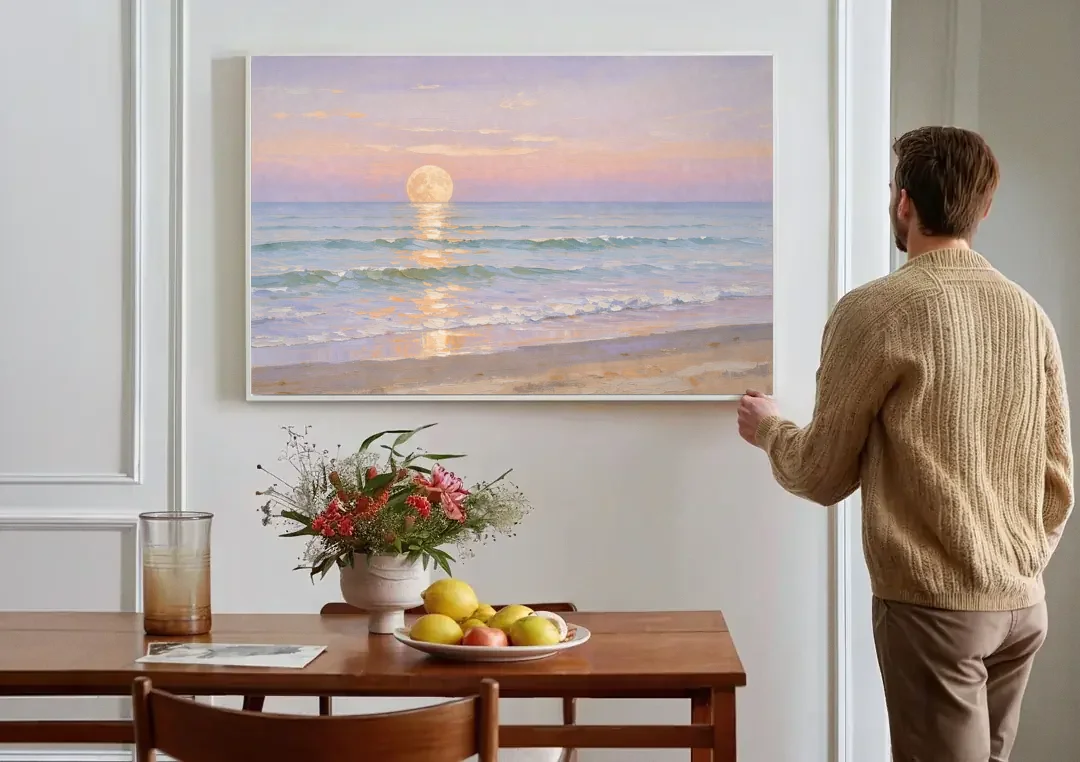 Large Golden Moonrise Over Rolling Ocean Surf canvas wall art above a dining table
