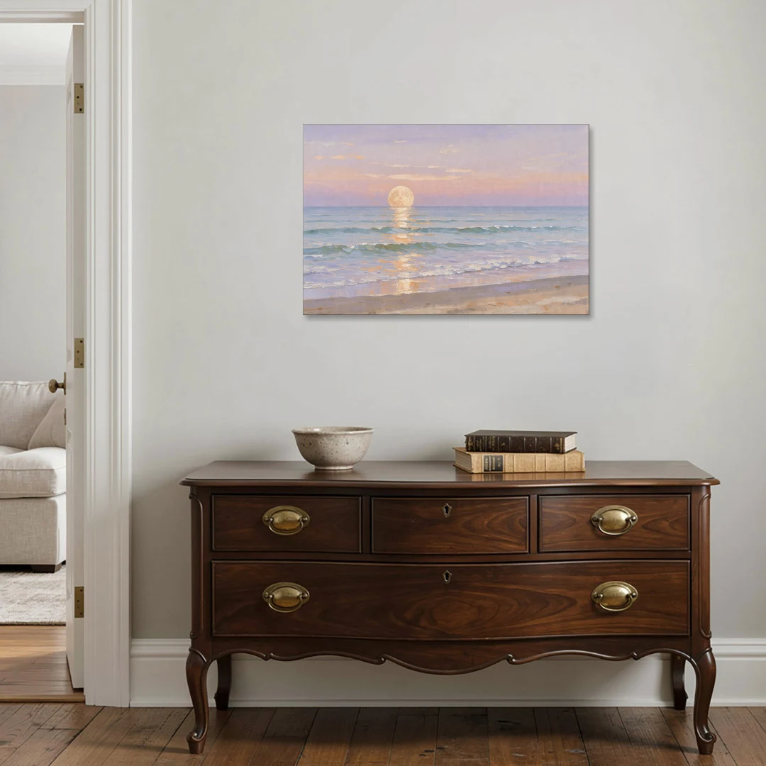 Large Golden Moonrise Over Rolling Ocean Surf - Canvas Wall Art - Coffee Table - 36x24