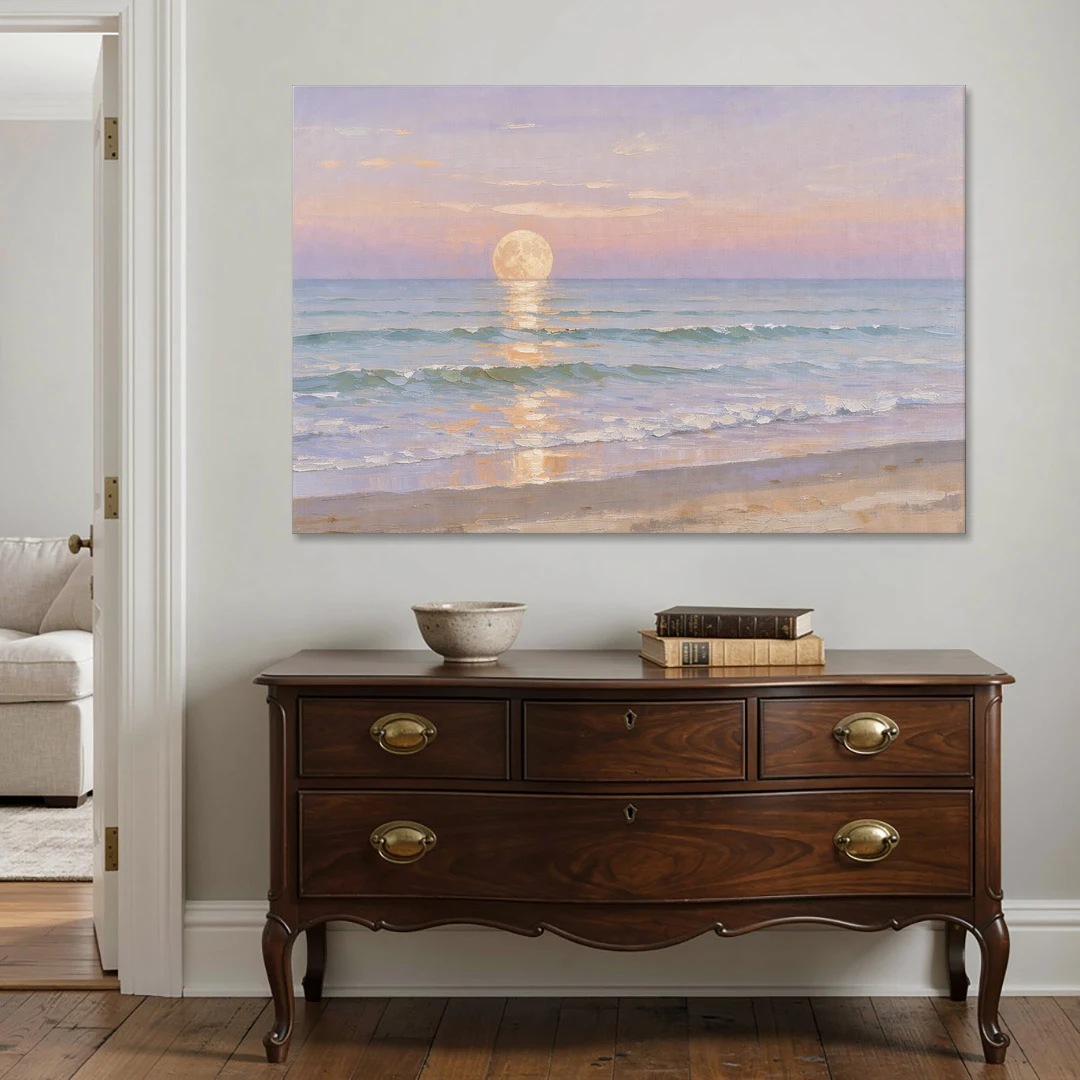Large Golden Moonrise Over Rolling Ocean Surf - Canvas Wall Art - Coffee Table - 60x40