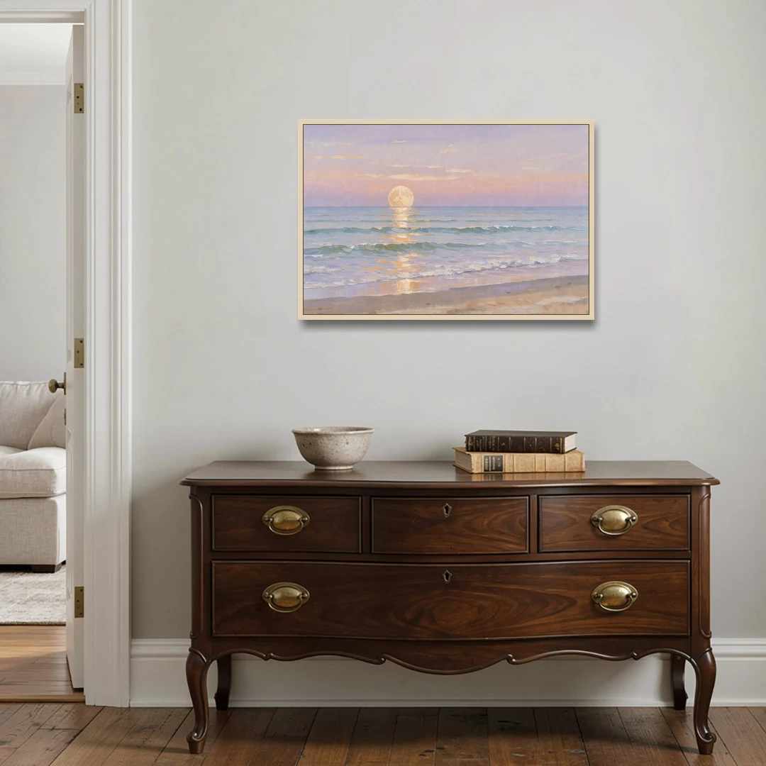 Large Golden Moonrise Over Rolling Ocean Surf - Oak Framed Canvas Wall Art - Coffee Table - 36x24