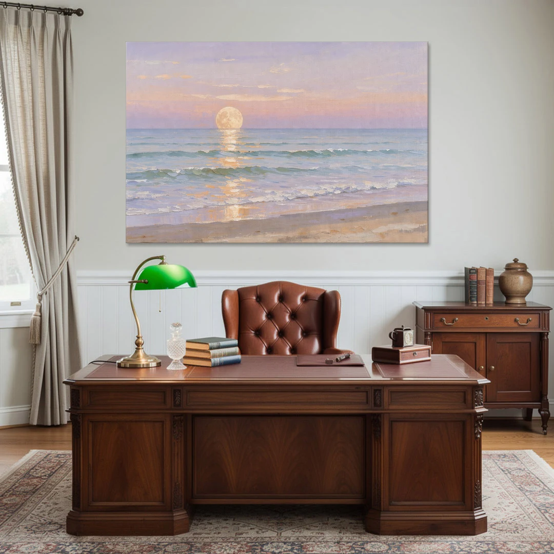 Large Golden Moonrise Over Rolling Ocean Surf - Canvas Wall Art - Office - 60x40