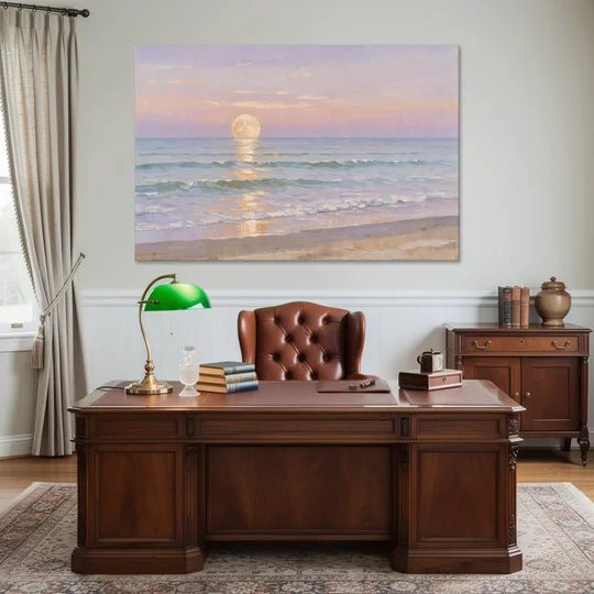 Large Golden Moonrise Over Rolling Ocean Surf - Canvas Wall Art - Office - 60x40