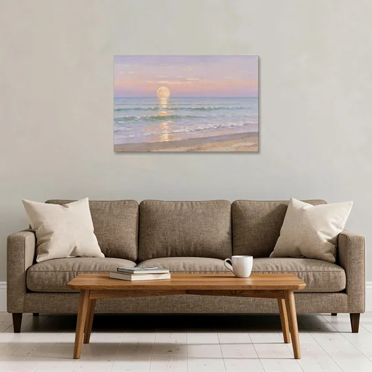 Large Golden Moonrise Over Rolling Ocean Surf - Canvas Wall Art - Sofa - 36x24