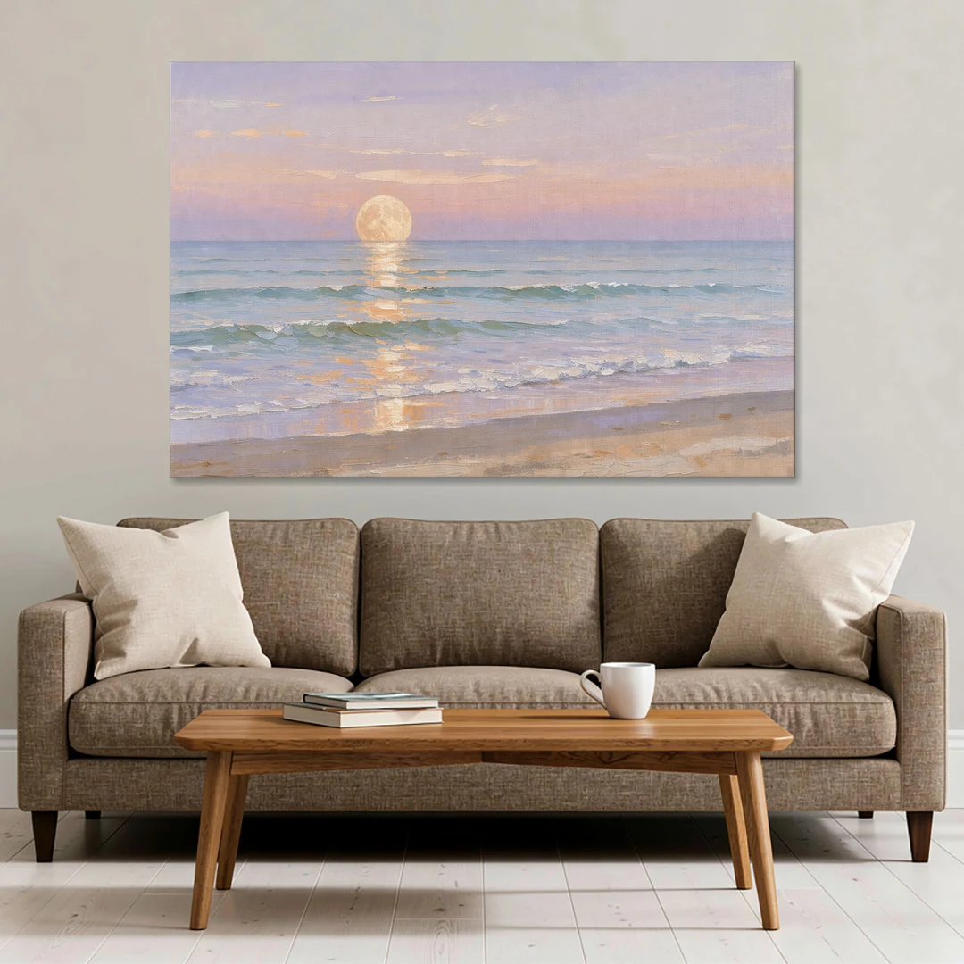 Large Golden Moonrise Over Rolling Ocean Surf - Canvas Wall Art - Sofa - 60x40