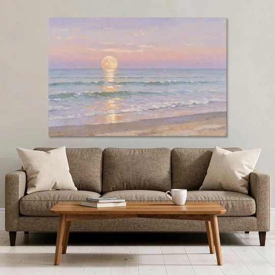 Large Golden Moonrise Over Rolling Ocean Surf - Canvas Wall Art - Sofa - 60x40