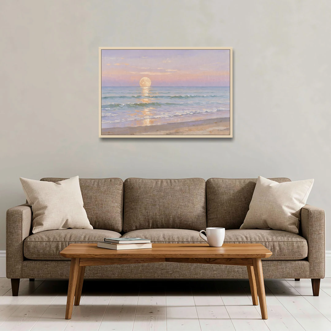 Large Golden Moonrise Over Rolling Ocean Surf - Oak Framed Canvas Wall Art - Sofa - 36x24