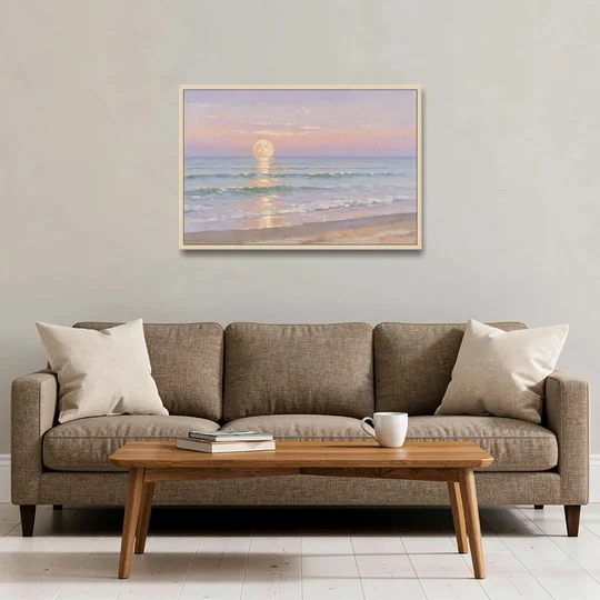 Large Golden Moonrise Over Rolling Ocean Surf - Oak Framed Canvas Wall Art - Sofa - 36x24