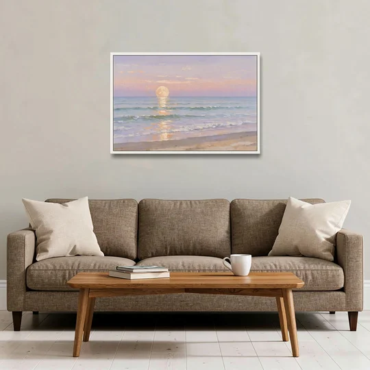 Large Golden Moonrise Over Rolling Ocean Surf - White Framed Canvas Wall Art - Sofa - 36x24