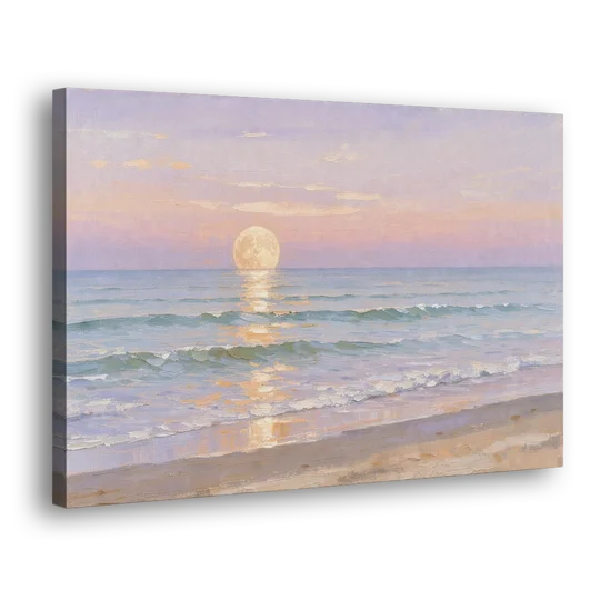 Large Golden Moonrise Over Rolling Ocean Surf - Canvas Wall Art - Side