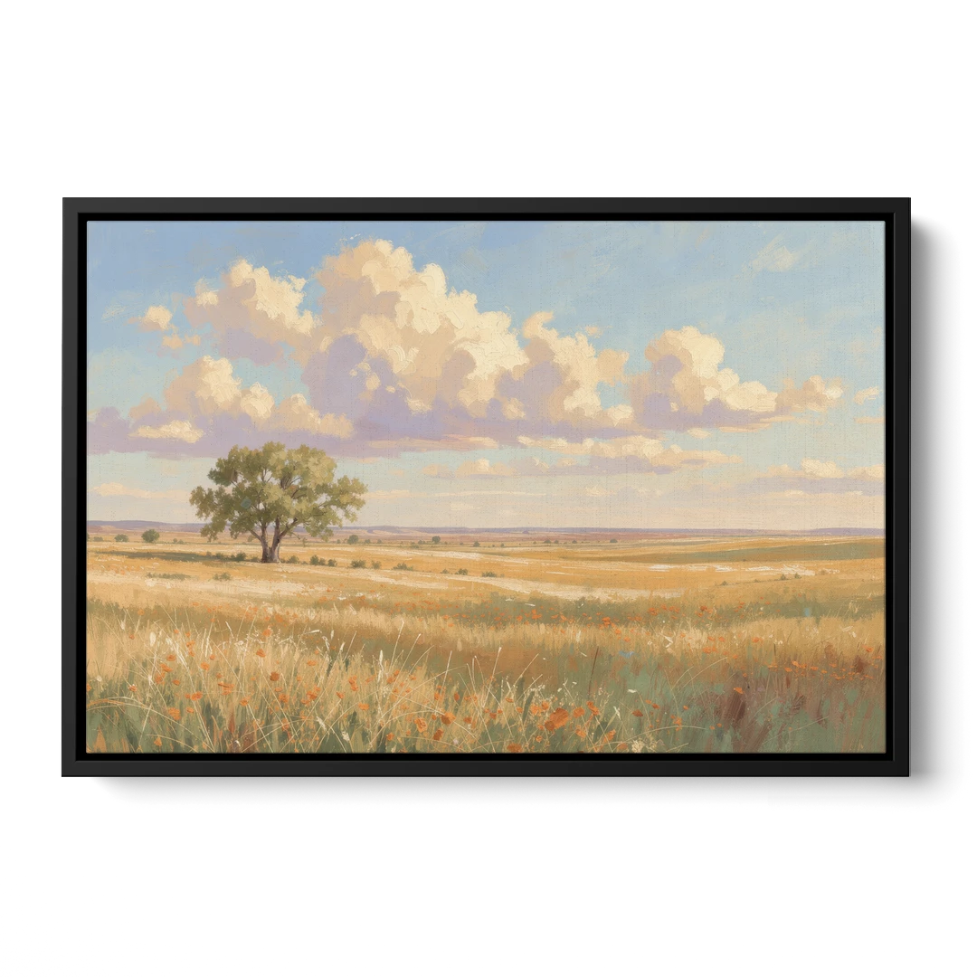 Large Horizontal Lone Cottonwood Under a Big Prairie Sky - Black Framed Canvas Wall Art - Front