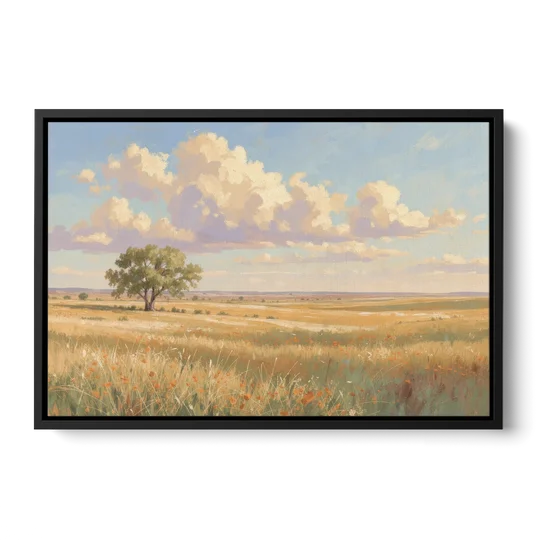 Large Horizontal Lone Cottonwood Under a Big Prairie Sky - Black Framed Canvas Wall Art - Front