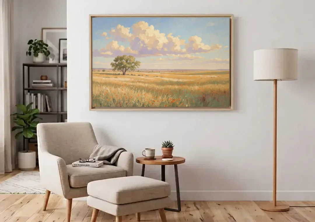 Large Horizontal Lone Cottonwood Under a Big Prairie Sky canvas wall art above an armchair in a bright living room