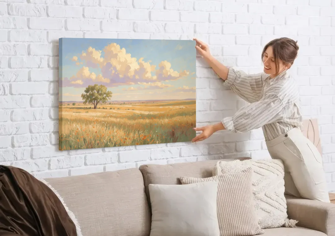 Large Horizontal Lone Cottonwood Under a Big Prairie Sky canvas wall art being hung on a white brick wall above a sofa