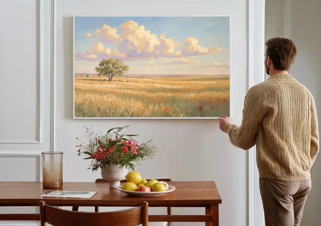 Large Horizontal Lone Cottonwood Under a Big Prairie Sky canvas wall art above a dining table