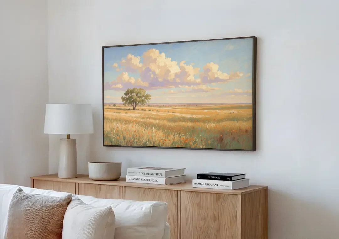 Large Horizontal Lone Cottonwood Under a Big Prairie Sky canvas wall art above a wooden sideboard next to a sofa