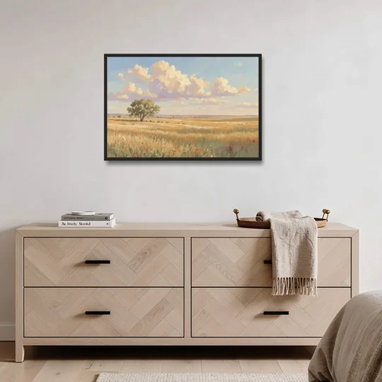 Large Horizontal Lone Cottonwood Under a Big Prairie Sky - Black Framed Canvas Wall Art - Coffee Table - 36x24