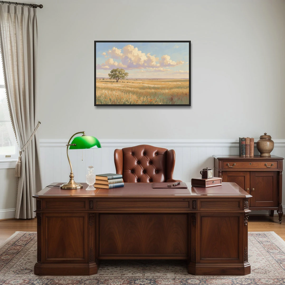 Large Horizontal Lone Cottonwood Under a Big Prairie Sky - Black Framed Canvas Wall Art - Office - 36x24