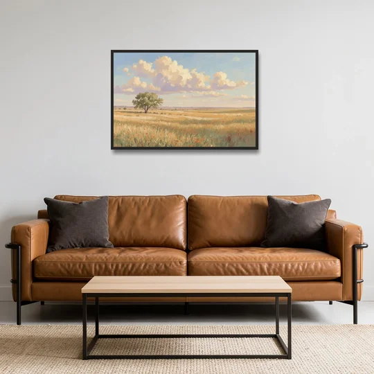 Large Horizontal Lone Cottonwood Under a Big Prairie Sky - Black Framed Canvas Wall Art - Sofa - 36x24