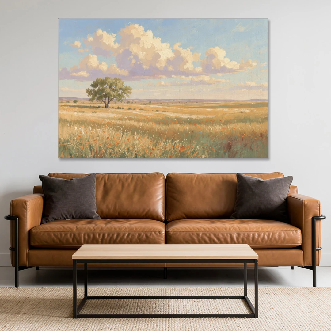 Large Horizontal Lone Cottonwood Under a Big Prairie Sky - Canvas Wall Art - Sofa - 60x40