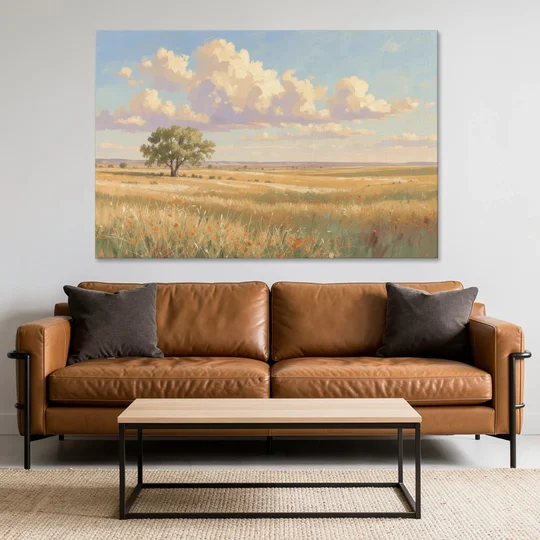 Large Horizontal Lone Cottonwood Under a Big Prairie Sky - Canvas Wall Art - Sofa - 60x40