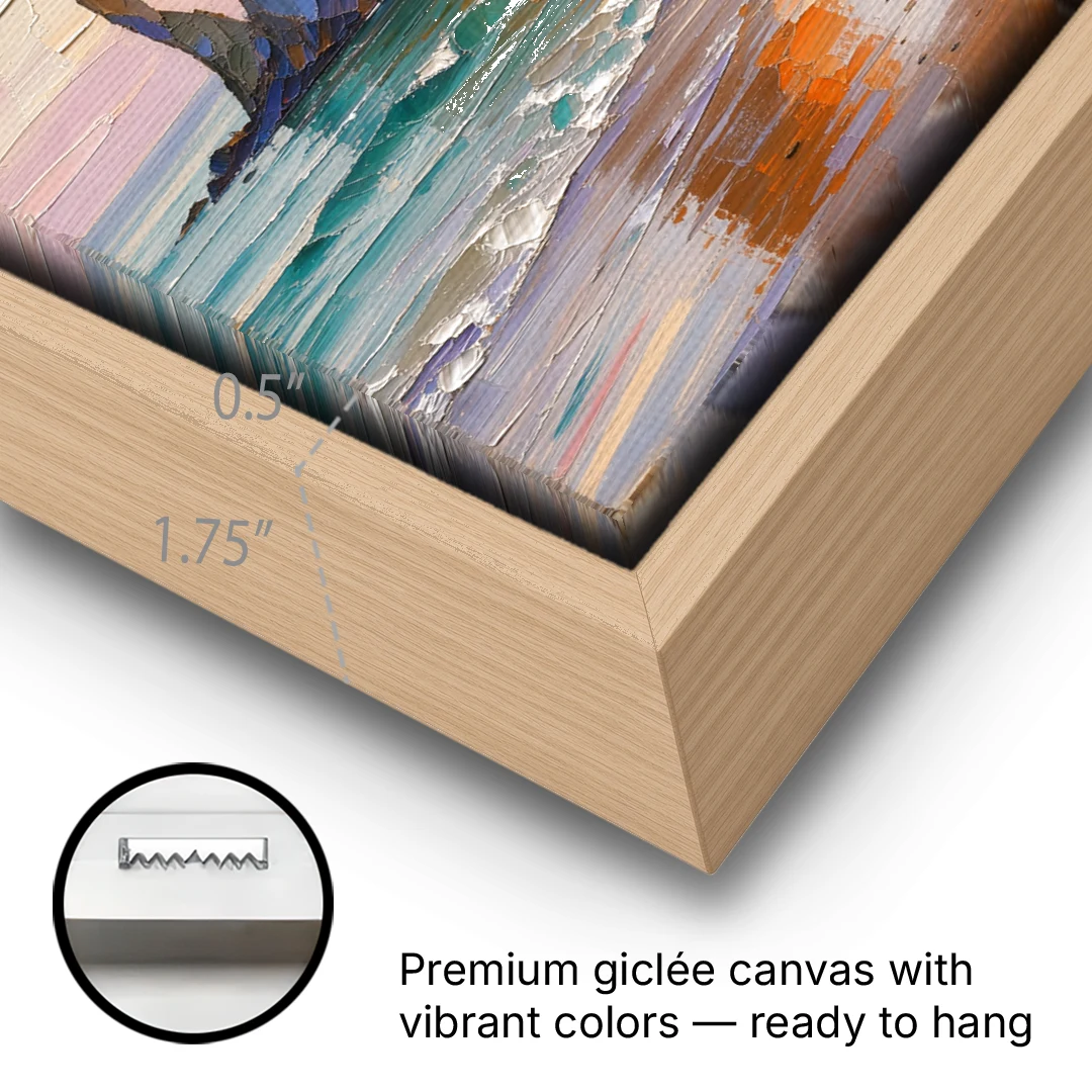 Large Horizontal Sea Stacks at Golden Hour - Oak Framed Canvas Wall Art - Gallery Wrap Corner