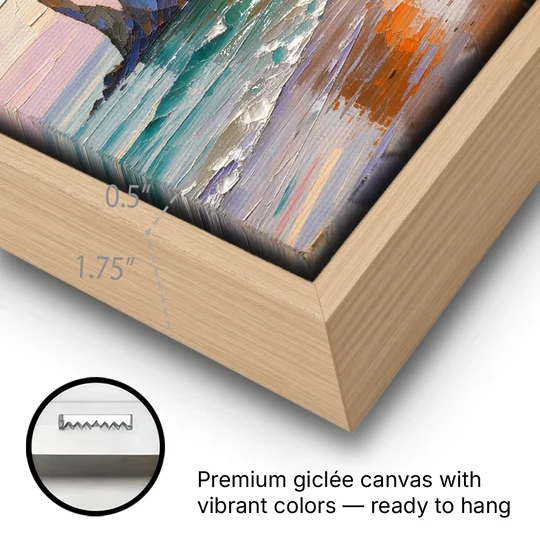 Large Horizontal Sea Stacks at Golden Hour - Oak Framed Canvas Wall Art - Gallery Wrap Corner