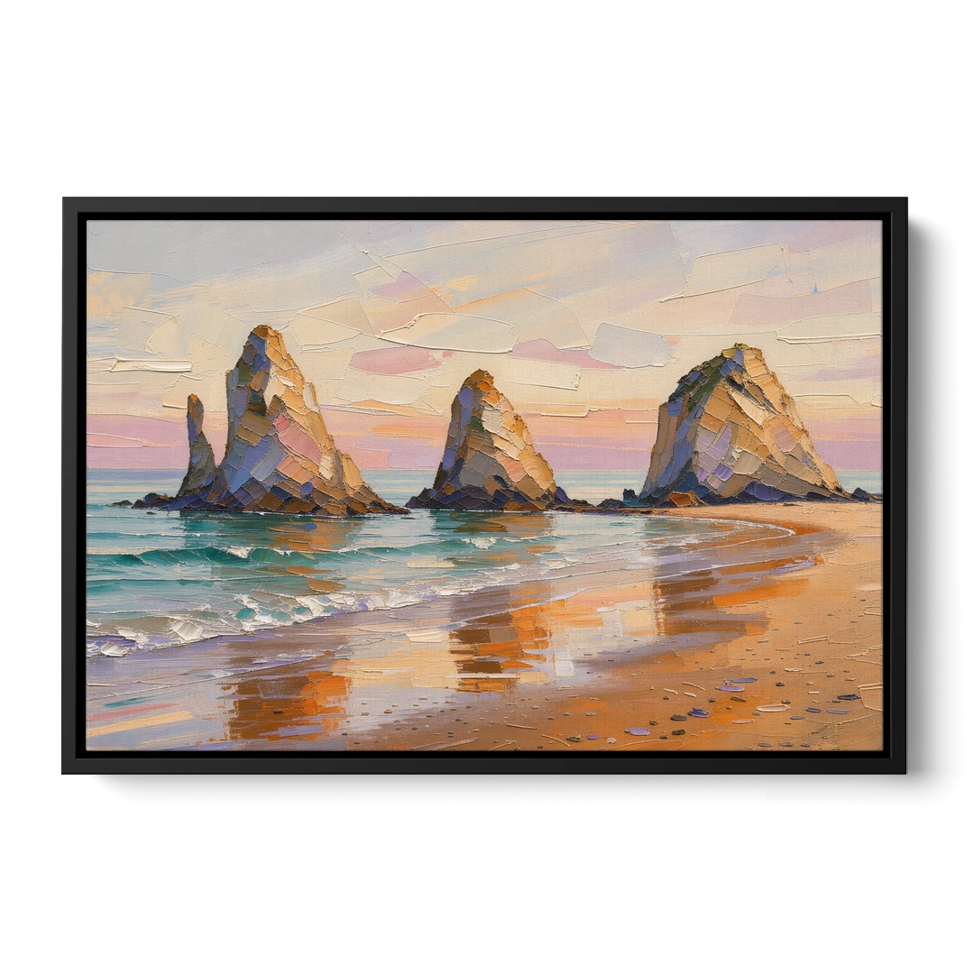 Large Horizontal Sea Stacks at Golden Hour - Black Framed Canvas Wall Art - Front