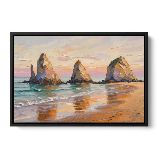 Large Horizontal Sea Stacks at Golden Hour - Black Framed Canvas Wall Art - Front