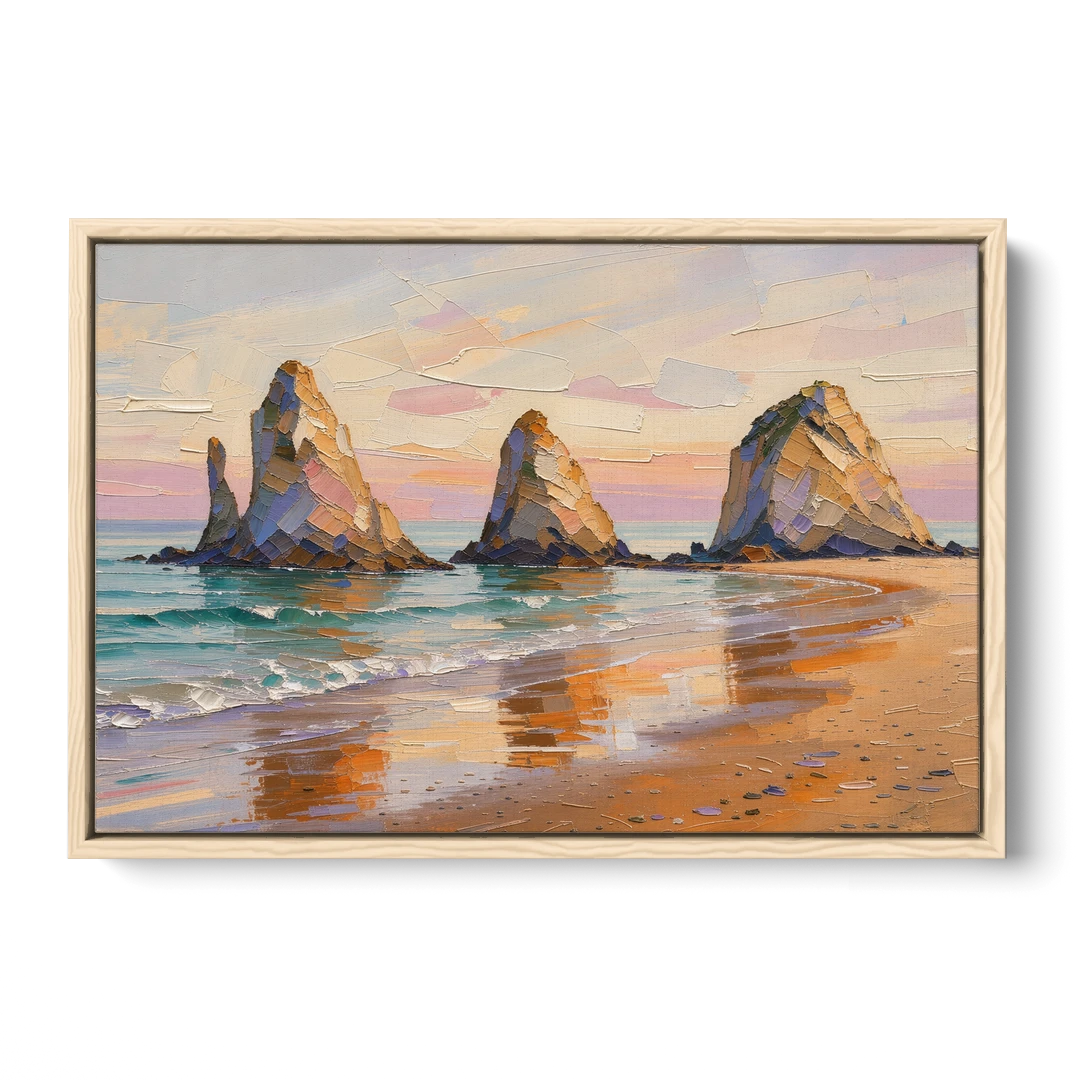 Large Horizontal Sea Stacks at Golden Hour - Oak Framed Canvas Wall Art - Front