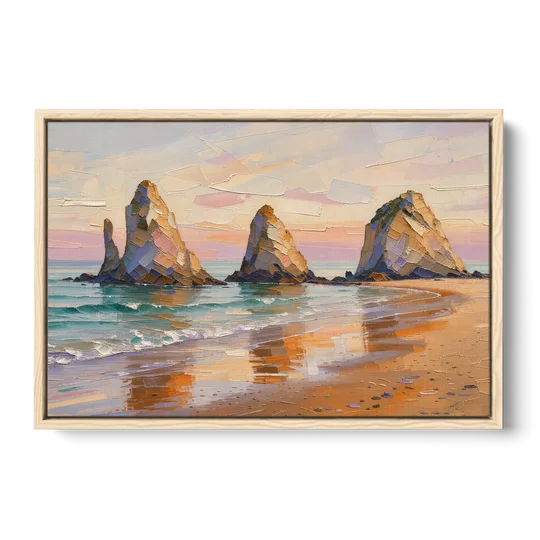 Large Horizontal Sea Stacks at Golden Hour - Oak Framed Canvas Wall Art - Front