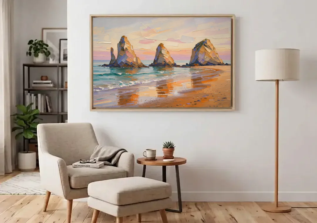 Large Horizontal Sea Stacks at Golden Hour canvas wall art above an armchair in a bright living room