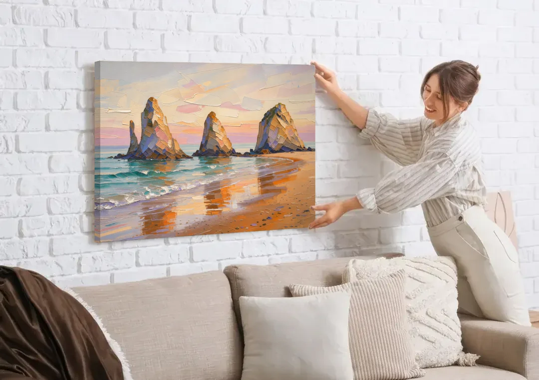 Large Horizontal Sea Stacks at Golden Hour canvas wall art being hung on a white brick wall above a sofa