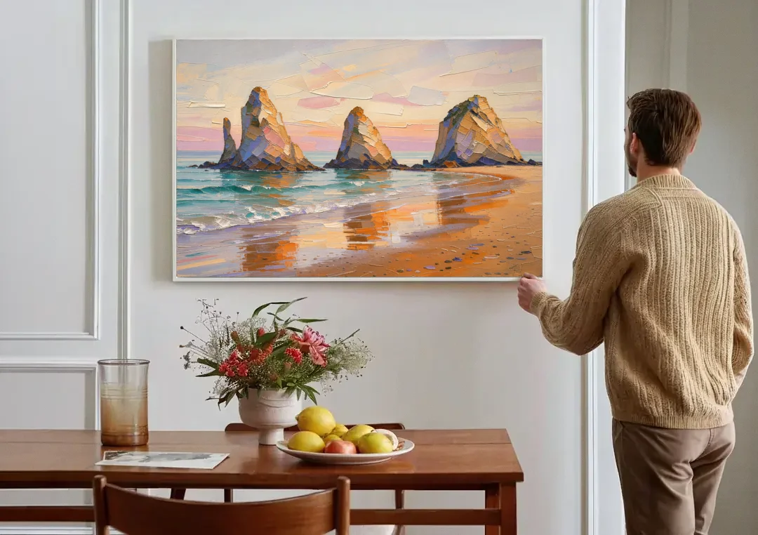 Large Horizontal Sea Stacks at Golden Hour canvas wall art above a dining table