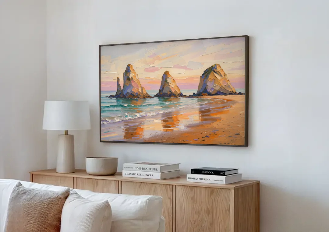 Large Horizontal Sea Stacks at Golden Hour canvas wall art above a wooden sideboard next to a sofa