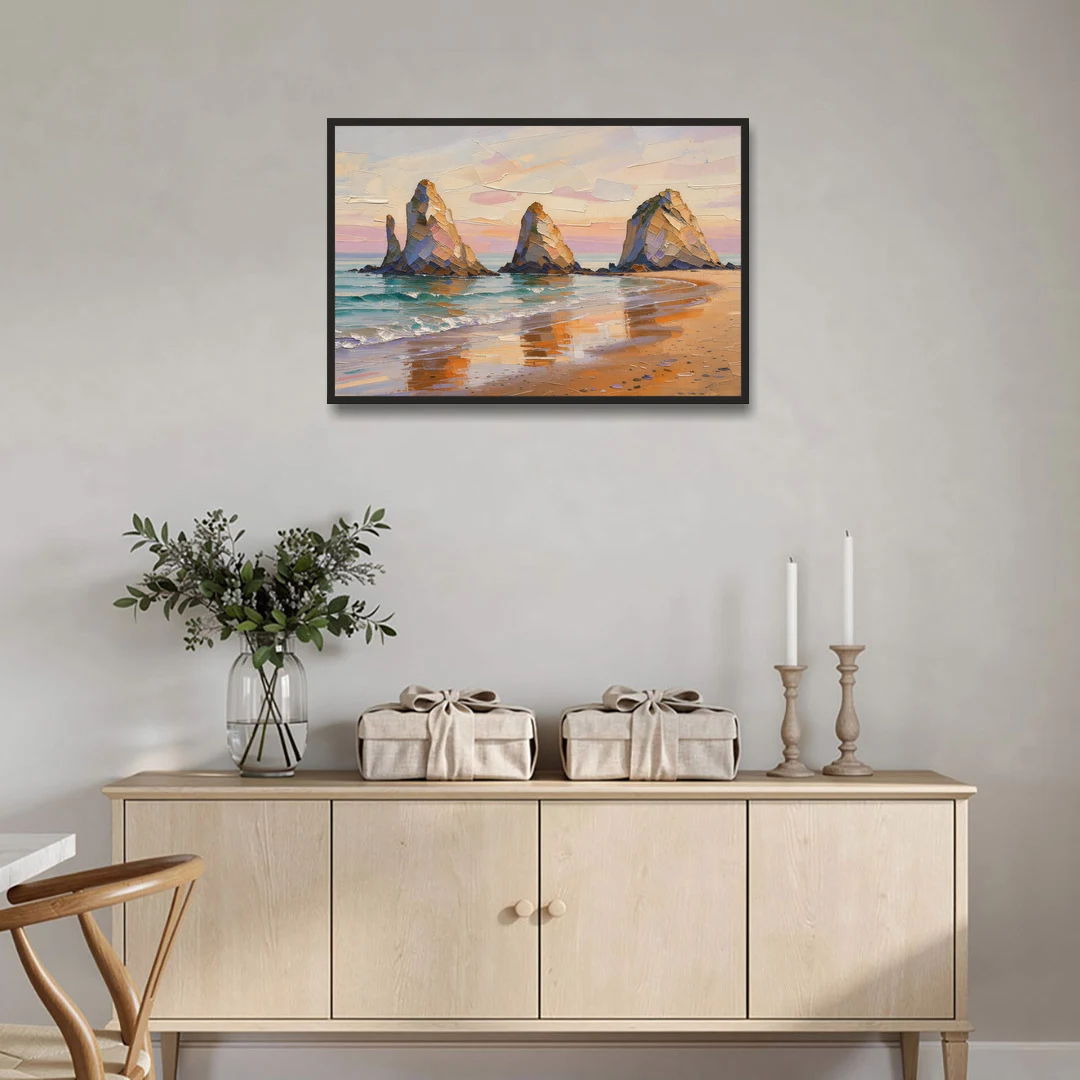 Large Horizontal Sea Stacks at Golden Hour - Black Framed Canvas Wall Art - Coffee Table - 36x24