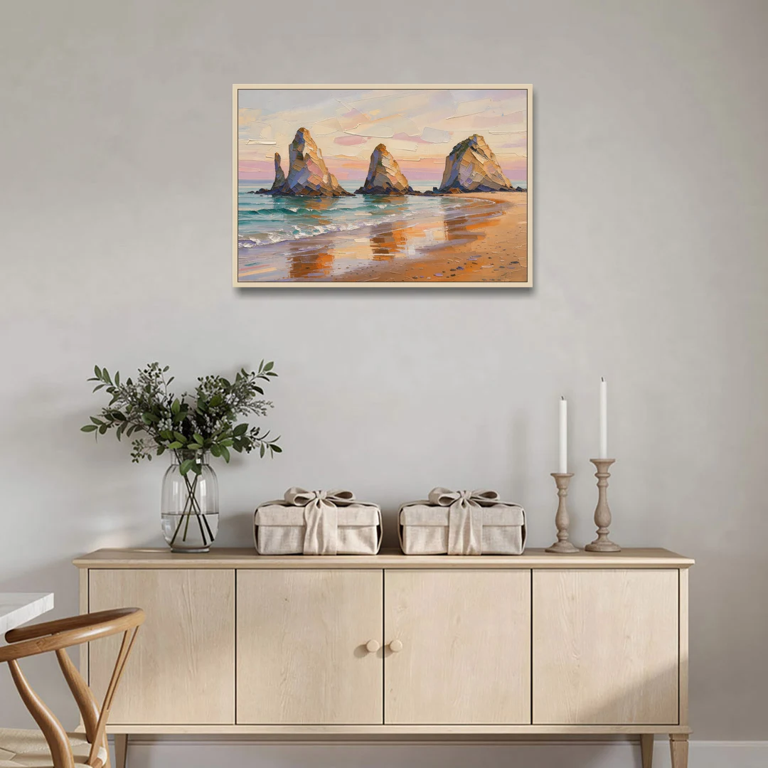 Large Horizontal Sea Stacks at Golden Hour - Oak Framed Canvas Wall Art - Coffee Table - 36x24