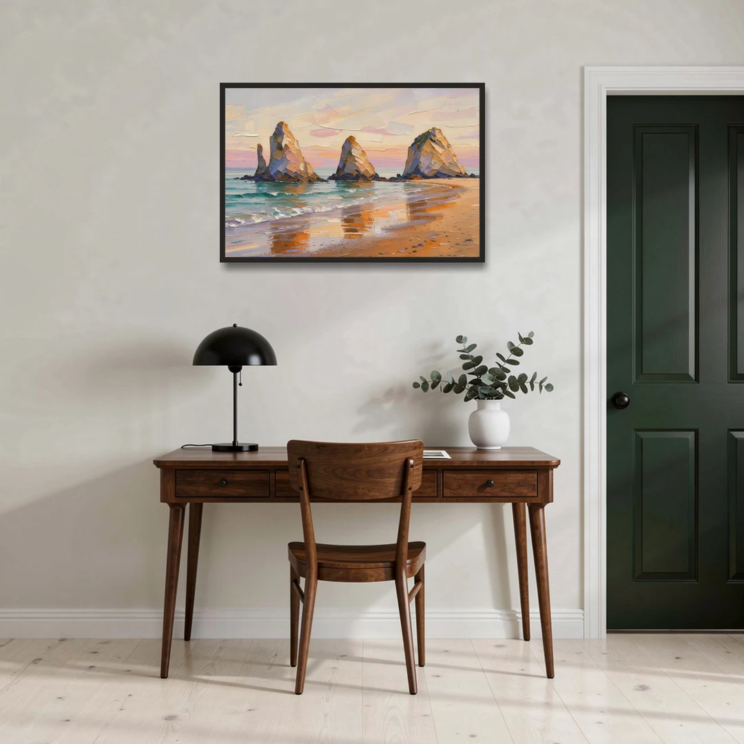 Large Horizontal Sea Stacks at Golden Hour - Black Framed Canvas Wall Art - Office - 36x24
