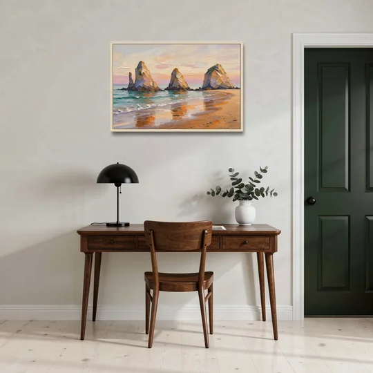 Large Horizontal Sea Stacks at Golden Hour - Oak Framed Canvas Wall Art - Office - 36x24