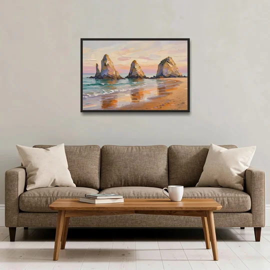 Large Horizontal Sea Stacks at Golden Hour - Black Framed Canvas Wall Art - Sofa - 36x24
